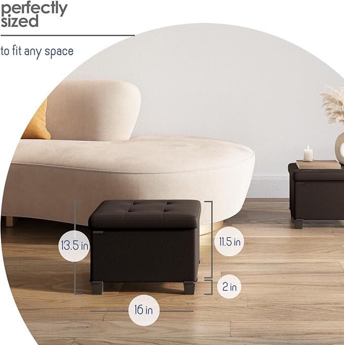 STORAGEBUD Storage Ottoman Cube with Small Bin, 16-in Square Ottoman with Storage for Living Room and Bedroom, Small Ottomans Foot Rest, Faux Leather Foot Stools Ottomans Max 330lbs, Brown