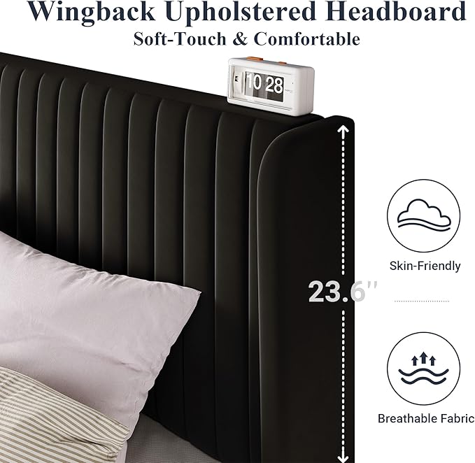 Allewie Full Size Velvet Bed Frame/Vertical Channel Tufted Wingback Headboard/Upholstered Platform Bed/Strong Wooden Slats/No Box Spring Needed/Easy Assembly/Black