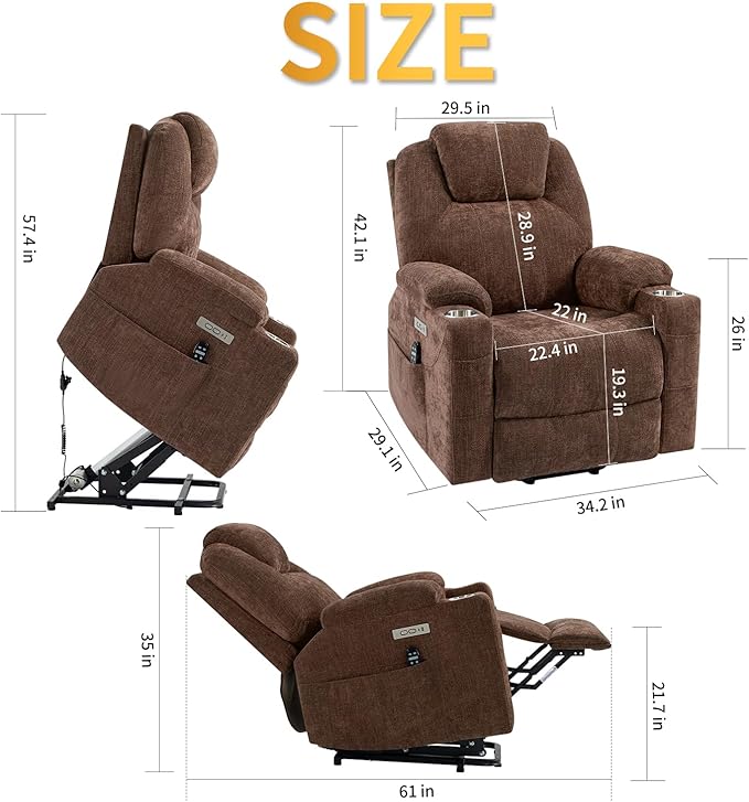 Power Lift Chair with Massage & Heat, Electric Recliner Chairs for Adults, Remote Control, Sofa for Living Room, Standing Assistance, USB Ports, Stainless Steel Cup Holders (Chenille Brown)