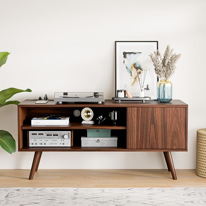 Cozy Castle TV Stand for 48 Inch TV, Mid Century Modern Entertainment Center with Storage Cabinet, TV Media Console for Living Room, Bedroom, Dark Brown