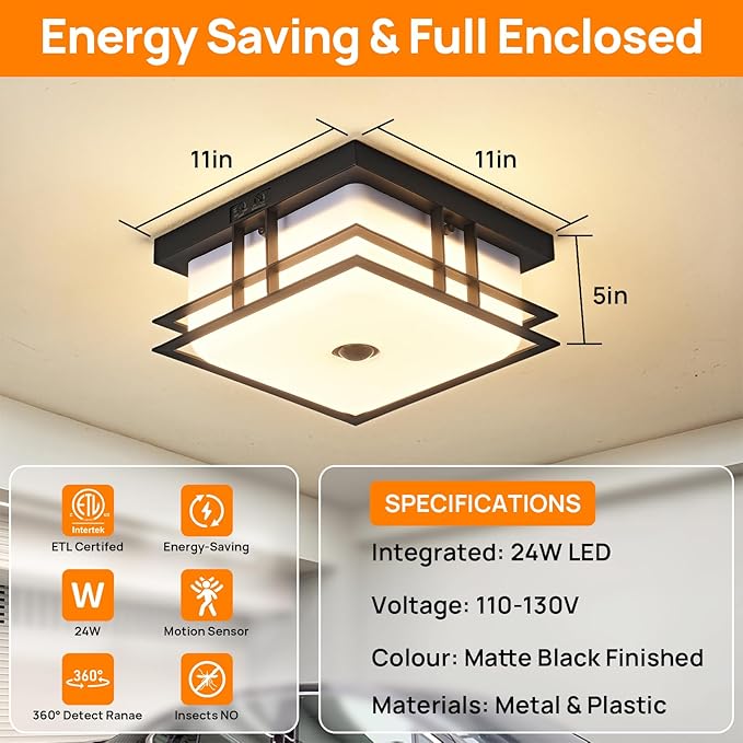 Motion Sensor Outdoor Ceiling Light Industrial Design with Acrylic Shade for Porch,Patio,Balcony,Garage,24W 5CCT LED Porch Ceiling Light