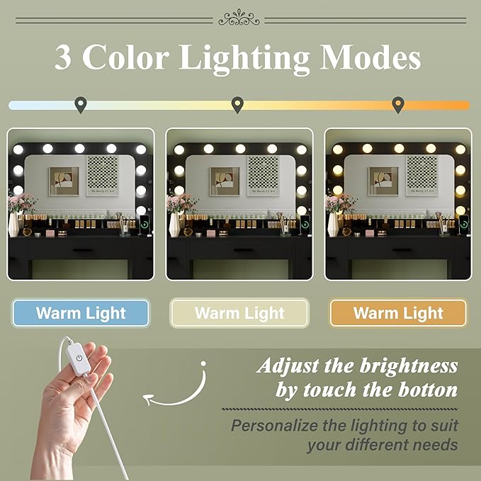 JUMMICO Makeup Vanity Desk with Large Mirror and Lights, Vanity with Power Strip and Hairdryer Holder, 6 Open Shelves and 7 Drawers Modern Dressing Table, for Bedroom (Black)