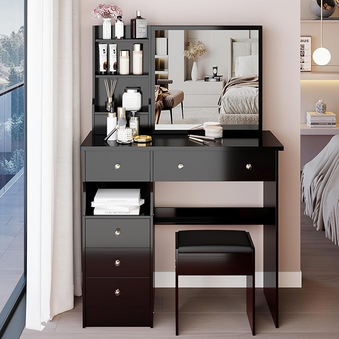 37" Vanity Desk with Mirror, Makeup Table with Sliding Mirror, Dressing Table with Multi Layer High Capacity Storage, Vanity Set with 6 Drawers and Stool for Bedroom, Black