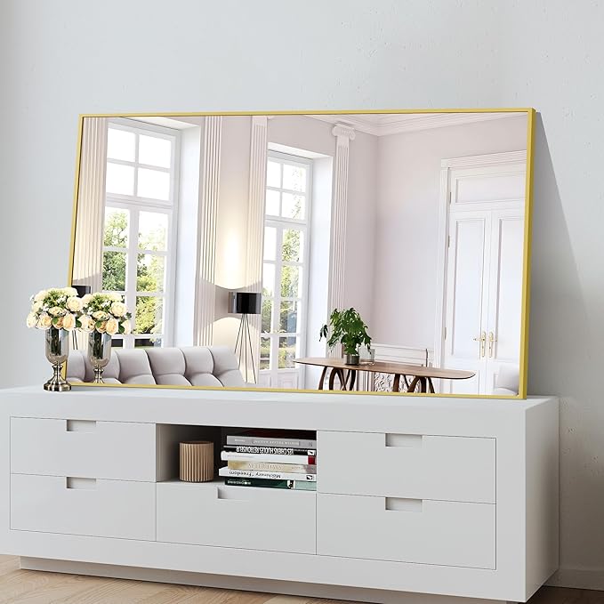 Gold Bathroom Mirror for Wall, 60x36 Inch Rectangle Mirrors with Metal Frame, Modern Vanity Wall Mirror Decor for Bathroom Living Room, Entryway Hangs Horizontal or Vertical