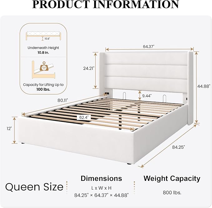 SHA CERLIN Queen Size Lift Up Storage Bed/Velvet Upholstered/Modern Wingback Headboard/Upholstered Platform Bed Frame/Hydraulic Storage/No Box Spring Needed/White