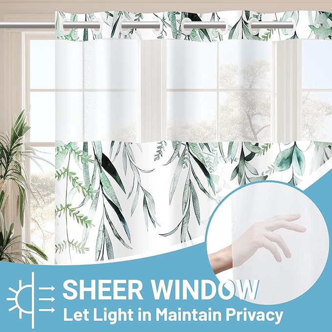 No Hook Shower Curtain with Snap in Liner - Fabric Waterproof Inner Liner, Plants Watercolor Green Eucalyptus Leaves Farmhouse Cloth Shower Curtains - Machine Washable, 71 x 74 Inch