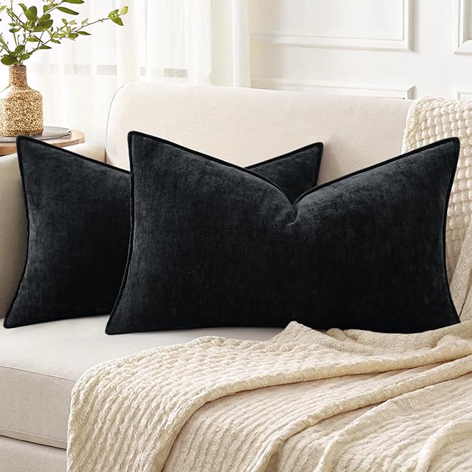 decorUhome Couch Throw Pillow Covers 12x20 Set of 2, Decorative Soft Euro Neutral Chenille Lumbar Pillow Covers with Elegant Design for Sofa Bed Living Room Home Decor, Black
