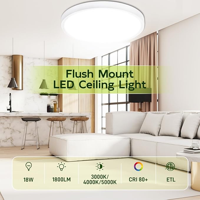 hykolity 9 Inch Selectable CCT LED Round Flat Panel Light, 18W 1800LM 3000K/4000K/5000K, Edge-Lit Flush Mount Ceiling Light Fixture for Kitchen, Bedroom, Laundry and Closet Room, White