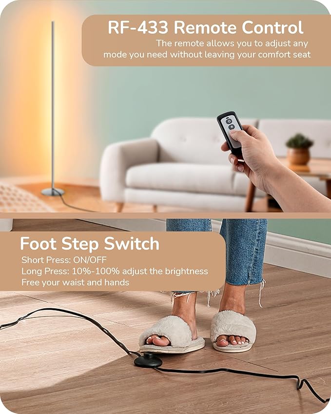 EDISHINE LED Floor Lamp with Remote, 57.5" Minimalist Dimmable Slim Corner Light, Tall Floor Lamps for Living Room, Bedroom, Office, 3000K Warm White Light (Silver)