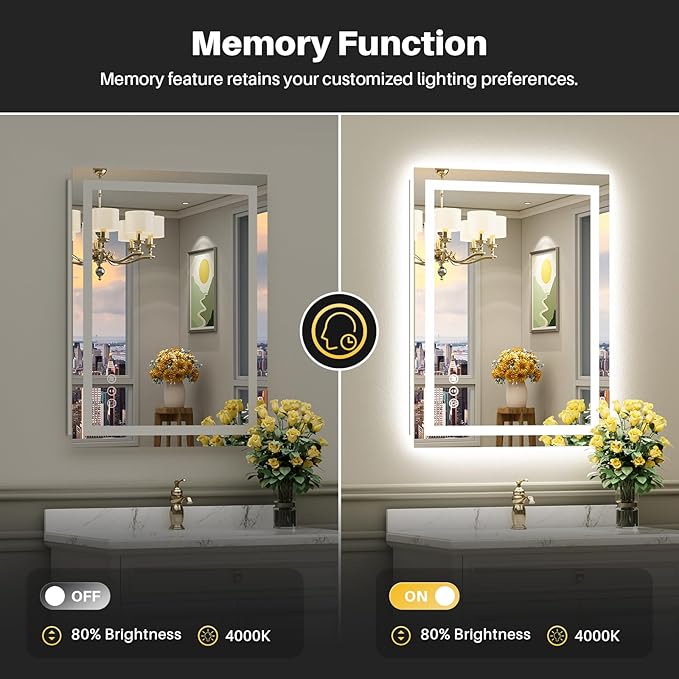 28"x32" LED Bathroom Mirror with Lights, Backlit & Front Lit, Anti-Fog Lighted Bathroom Vanity Mirror for Wall, Memory Function, Dimmable, HD Tempered Glass, Shatter-Proof