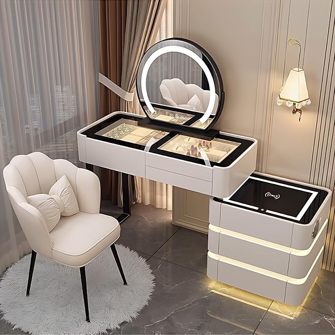 Makeup Vanity Desk, Modern Dressing Table Include LED Smart Round Mirror and Glass Countertop, Luxury Vanity Set with Makeup Chair, Side Cabinet with Drawers Storage and Ambient Light (White,40")