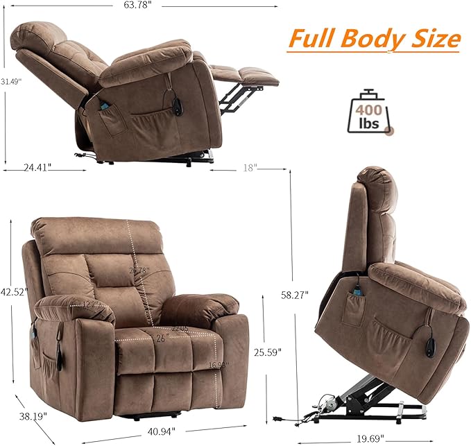 Lift Recliner Chairs for Elderly, 26in Extra Wide Power Recliner Chair with Cup Holder(Hidden), Large Recliner Chairs for Adults Big and Tall Relaxing (Antique Brown)