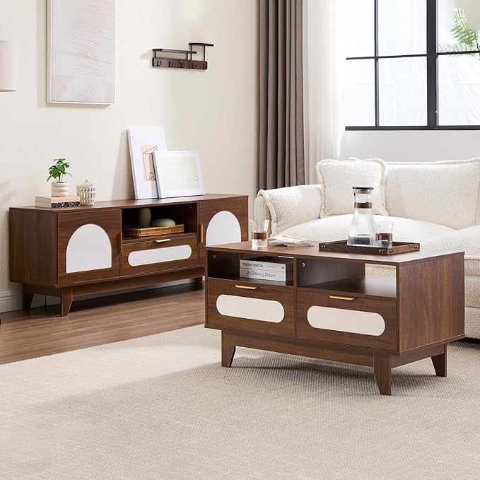 CANMOV 39 inch Mid Century Coffee Table with 4 Drawers and 2 Shelve, Rectangle Wooden Wood Coffee Table for Living Room,Walnut