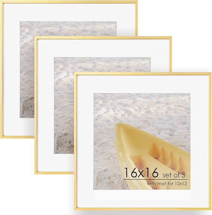 16x16 Metal Square Picture Frame For Wall With Mat For 12x12, 16''x16'' Aluminum Photo Frames With Tempered Glass For Home Decor, Minimalist Modern Poster Frame Horizontally Vertically, Gold