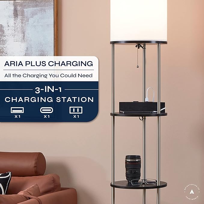 ATAMIN Aria Plus - 72" Modern Tall LED Floor Lamp with USB-C & AC Outlets, Black