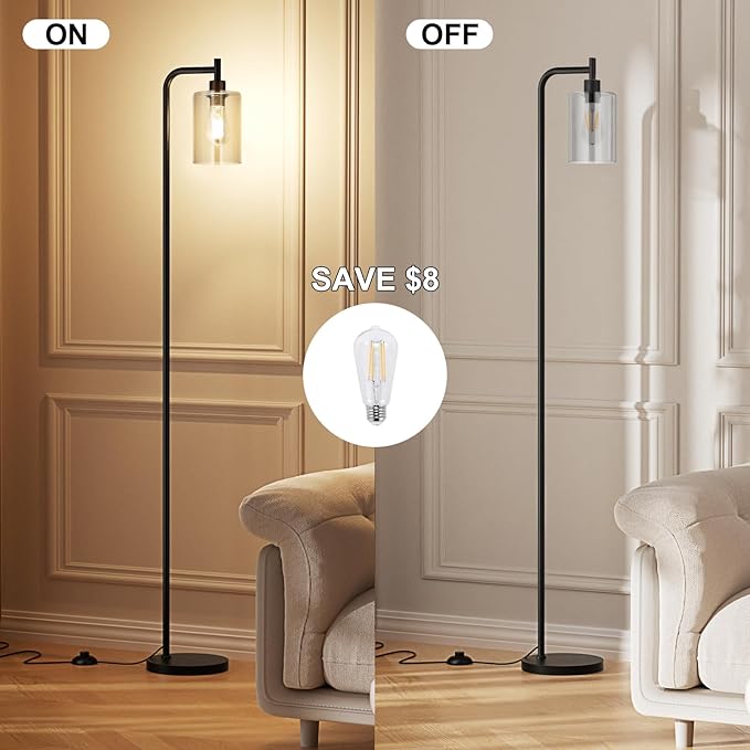 Floor Lamps for Living Room - Standing Lamp with Grey Glass Shade, Modern Floor Lamp with LED Bulbs, Industrial Floor Lamp for Bedroom, Black Tall Lamp for Office(Light Bulb Included)