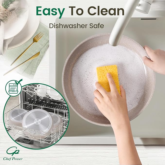 Chef Power Ceramic Nonstick Pots and Pans Set 19 Piece with Detachable Handle, Induction Dishwasher Oven Safe Cookware Set, RV Kitchen Set Removable Handle, Mocca Taupe