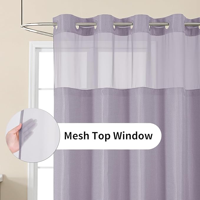 Colorful Star No Hook Shower Curtain with Snap in Fabric Liner, Waffle Weave Heavy Duty Thick Shower Curtains with Mesh Top Window, Hotel Style Waterproof Bathroom Curtain Set, 72 x 75 Inch, Lavender