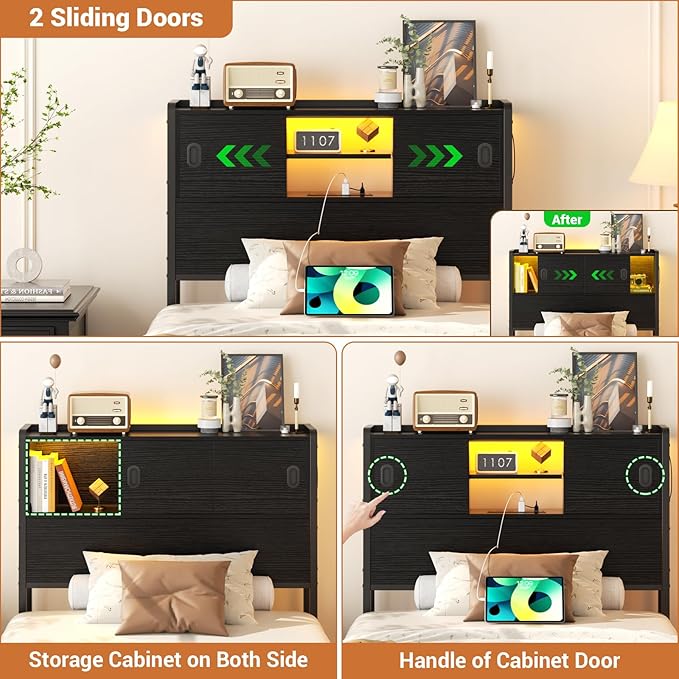 Homieasy Headboard for Twin Size Bed with Storage, Sturdy Bookcase Headboards with Outlet, USB & LED Light, Twin Size Headboard Only, Head Board with Sliding Doors & Bed Adapter for Bedroom, Black