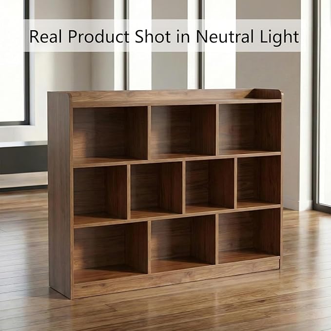 Brown Bookshelf, Wood Bookcase with 3 Tier Open Shelves, 10-Cube Minimalist Storage Shelf for Living Room, Bedroom, 43.3" W x 35.4" H