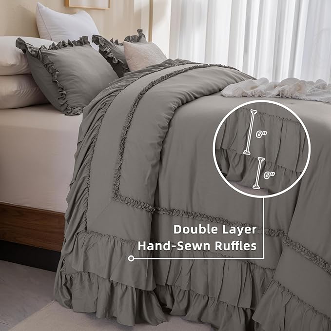 QSH Grey Oversized King Comforter Set 120x120, Farmhouse Ruffled Bed Comforter Gray French Country Rustic Vintage Comforter Microfiber Soft Lightweight Fluffy Shabby Bedding 3 PCs