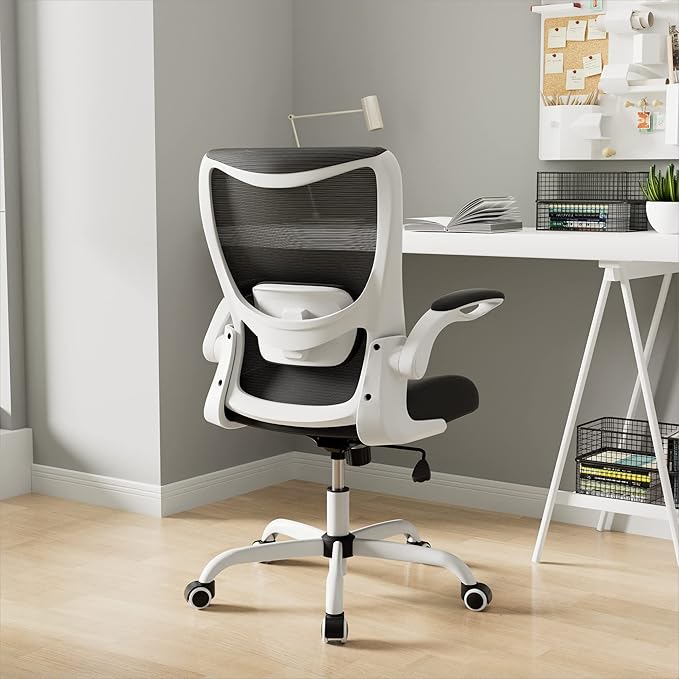 Office Chair, Ergonomic Desk Chair with Adjustable Lumbar Support and Flip up Armrest, Breathable Mesh Computer Chair for Home Office, White