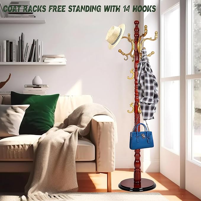 73" Wooden Coat Rack Stand,Coat Racks Freestanding With 14 Hooks And Solid Round Base Heavy Duty Adjustable Height Hall Tree Coat Rack for Entryway Hallway Foyer Office Bedroomf (Begonia)