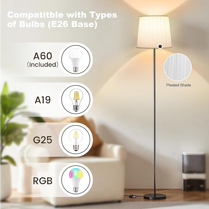 Pleated Shade Floor Lamp - 62" Dimmable Standing Lamp with Remote & Foot Switch, 4 Color Temps, E26 LED Bulb, 9W Modern Floor Reading Light for Living Room Bedroom Office Corner, Black