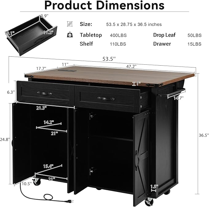 Farmhouse Roling Kitchen Island Cart with Drop Leaf Breakfast Bar with Power Outlet, Storage Island Table on Wheels with Drawers, Spice Rack(Black)