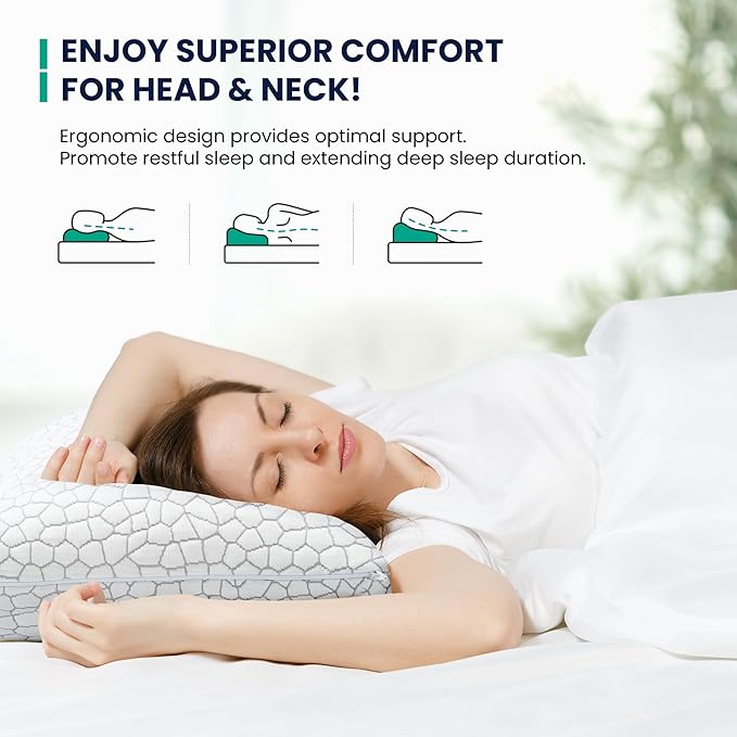 Bed Pillows Set of 2 Shredded Memory Foam Pillows, Soft-Firm Adjustable Pillows for Sleeping, 100% Viscose from Bamboo Pillow Cover for Back, Stomach and Side (Queen Size: 20 * 28in)