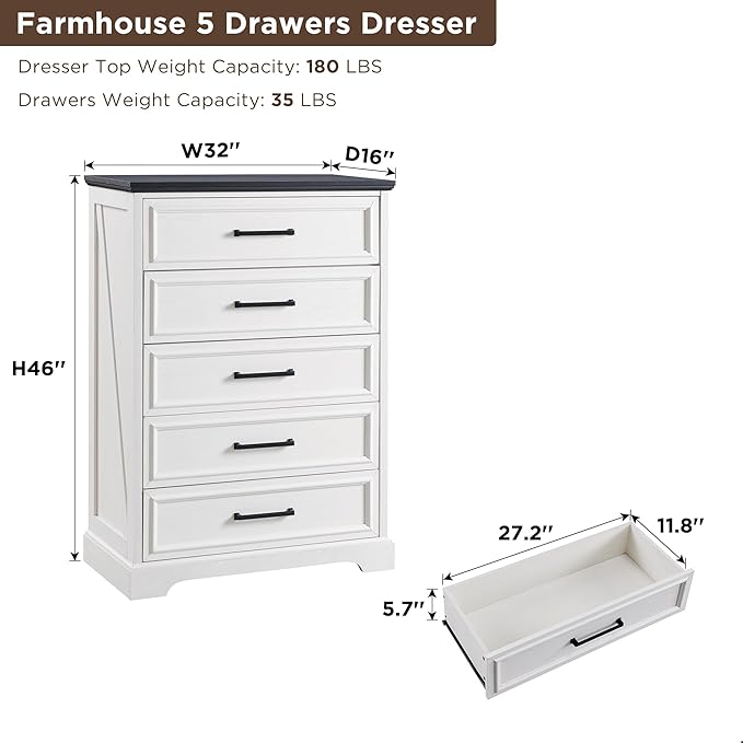 Farmhouse 5 Drawers Dresser Chests for Bedroom,46" Tall Wood Rustic Chest of Drawers with Wide Metal Handle,Natural Texture,Drawer Organizer for Bedroom,Living Room,Hallway and Entryway,White