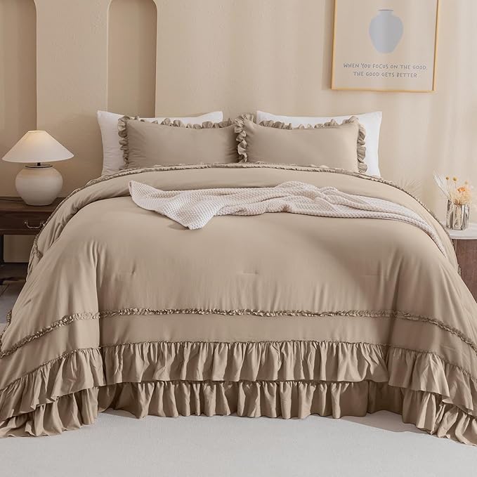QSH 3PCs Light Taupe Oversized King Comforter Set 120x120,Shabby Vintage Chic Ruffled Bedding Comforter Extra Large Farmhouse French Country Rustic Comforter Microfiber Soft Lightweight Bedding