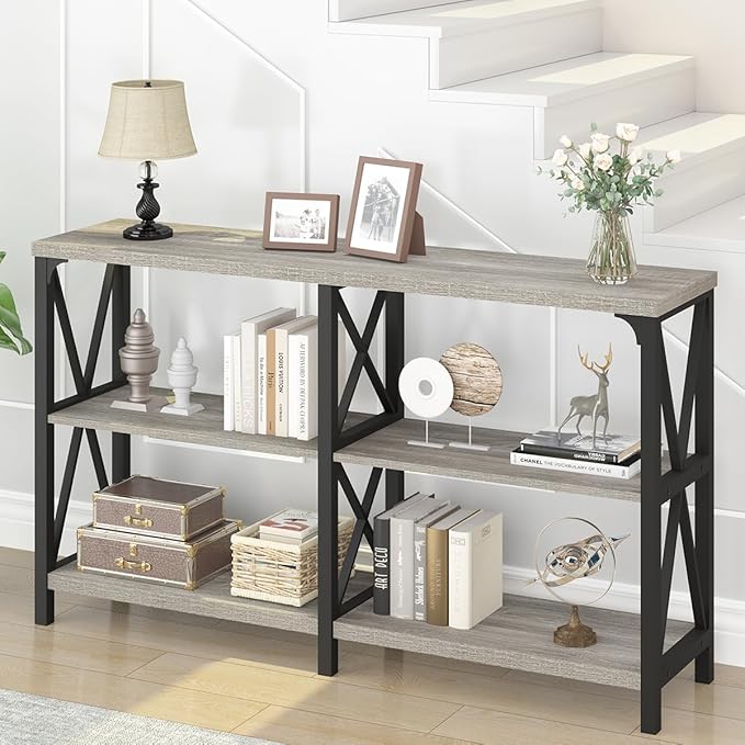 IBF Sofa Table, Modern Metal Wood 3 Tier Entryway Table, Industrial Console Table with Storage Shelves, Foyer Hallway Couch Table Behind Sofa for Living Room, Long Horizontal Bookshelf, Grey Oak, 55in