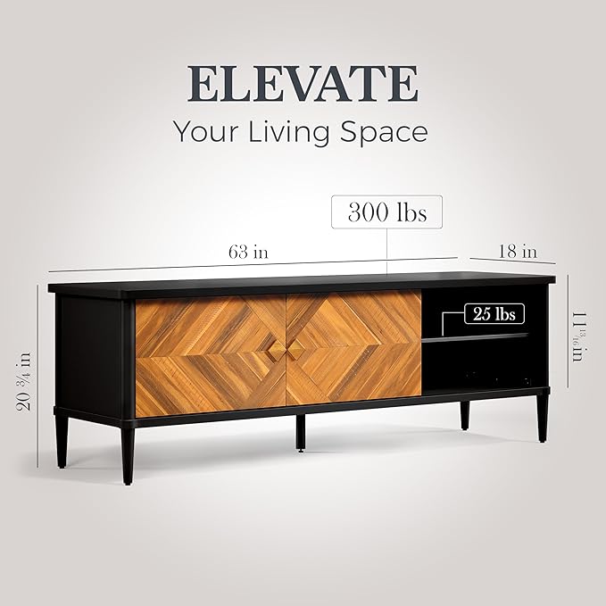 Lenia Solid Wood TV Stand – Mid-Century Modern Media Console with Chevron Doors, Adjustable Shelves & Cable Management – Wooden Entertainment Center – Teak Brown Finish