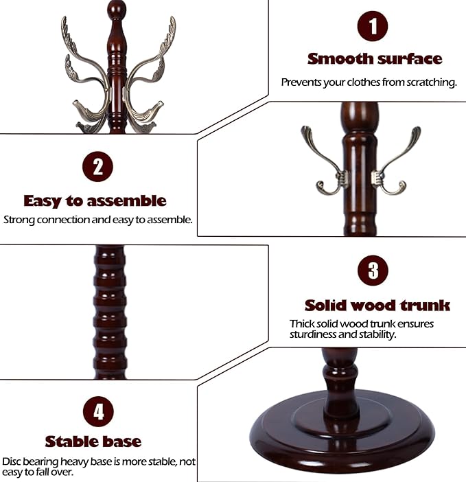 Coat Racks Free Standing with 14 Hooks, Natural Wood Coat Stands for Entryway, Adjustable Height 73 in Tree Coat Rack Stand for Hallway Home Office Bedroom (Mahogany metal)