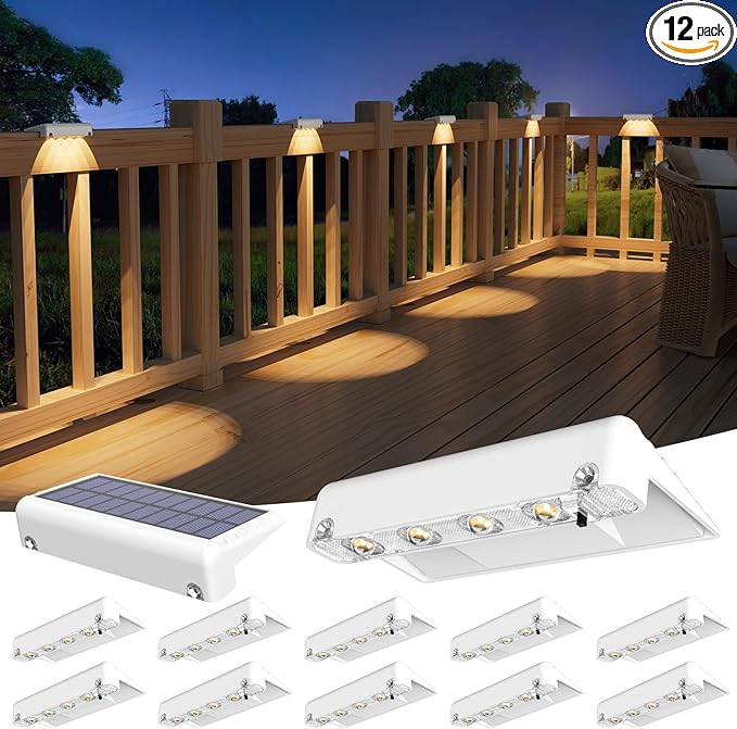 VOLISUN Solar Deck Lights 12 Pack, Warm White Glow LED Large Size Lamp, IP65 Waterproof Step Lights Outdoor for Deck, Step, Fence, Railing, Wall and Stairs (White)