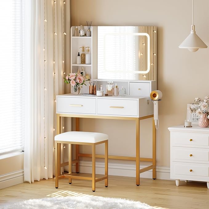 Garvee Vanity Desk, Makeup Vanity Desk with Mirror and Lights 3 Colors, Dressing Table with Chair, Makeup Table Set with 4 Drawers, Power Outlet & Storage Shelves, for Bedroom (White)