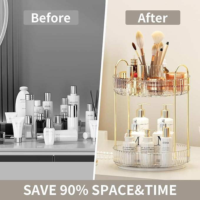 360° Rotating Makeup Organizer, Large-Capacity Skincare Make Up Storage 2 Tier Perfume Organizers Cosmetic Dresser Organizer with Makeup Brush Holder, Fits Bedroom, Bathroom, Vanity Shelf Countertop