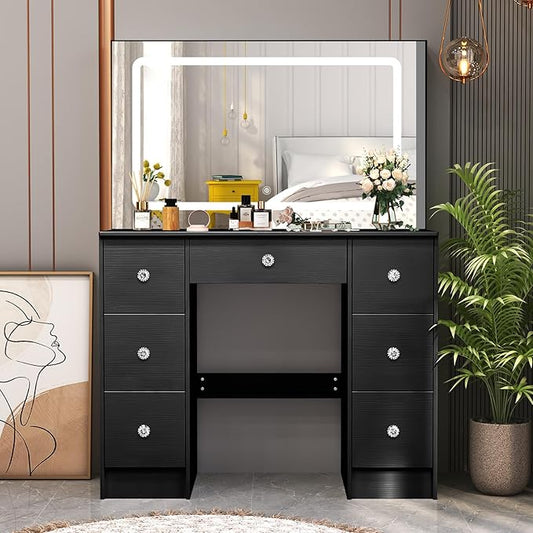JBLCC Black Vanity Desk with Mirror and Lights, 39.4''W Makeup Vanity with 3-Color Lighted Mirror, 7 Drawers & Open Shelves, Big Vanity Table for Bedroom, Girls & Women