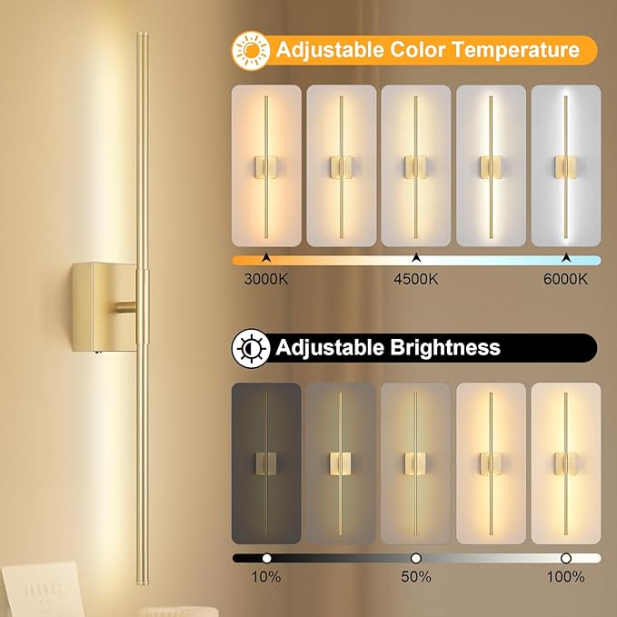 Battery Operated Wall Sconce Set of Two with Remote Control, 3000K-6000K Dimmable Gold Wall Lights, Timable LED Wireless Wall Sconces, 350° Ratate for Bathroom, Living Room, Hallway 29.1 Inch