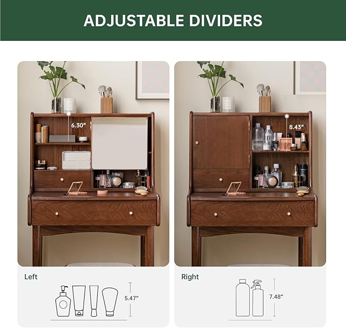 Small Vanity Desk with Mirror, Solid Wood Dressing Table, Movable Drawer Divider, Extendable Table Board for Bedroom, Walnut Color, 33" D x 16.5" W x 50" H