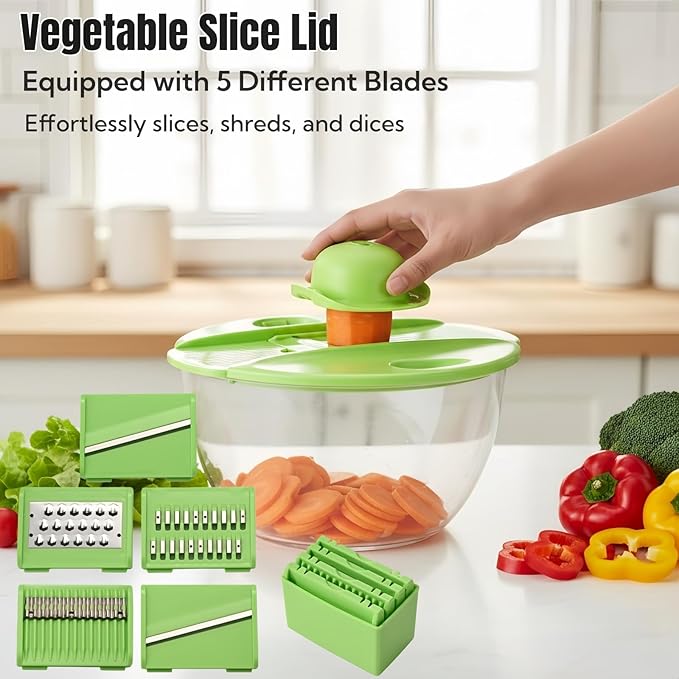 Salad Spinner, Large Vegetables Wash Bowl, 4.8 Qt Fruits Lettuce Dryer with 5 Blade Slicer and Slicer Egg Yolk Strainer Shredder for Salad Cleaner