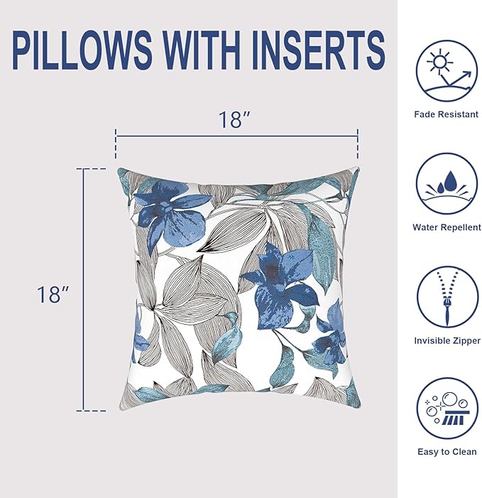 Patio Throw Pillows with Inners, Fade Resistant Square Pillow Pack of 2, Decorative Garden Cushions for Home, 18x18 Inch,Clemens Blue