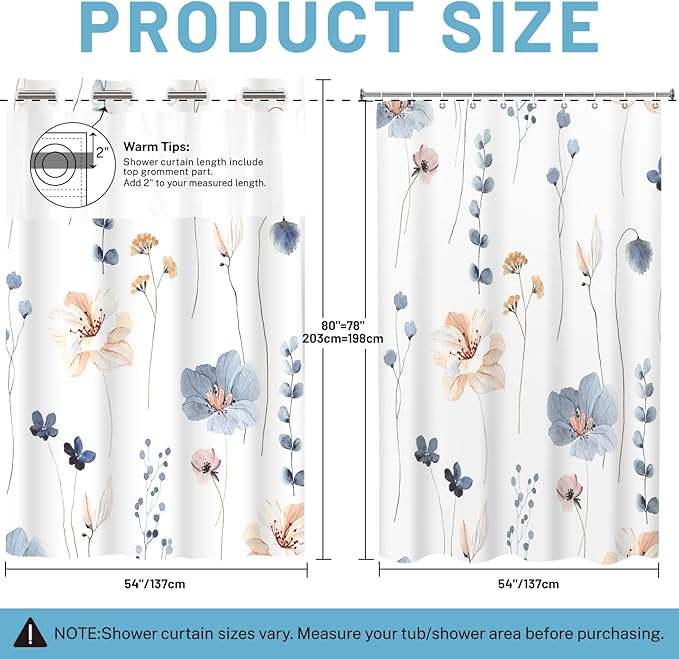 No Hook Shower Curtain with Snap in Liner - Watercolor Floral Shower Curtain - Waterproof Inner Liner, Plants Blue Beige Flowers Cloth Shower Curtains - Machine Washable, 54 x 80