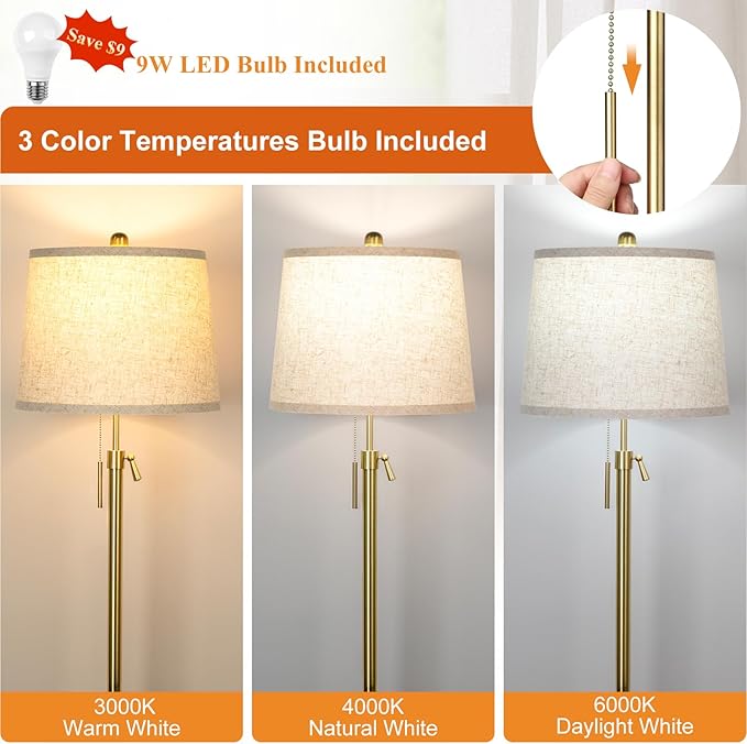 Gold Floor Lamp for Living Room 55-65" Adjustable Modern Brass Standing Lamp with Pull Chain Tall Pole Light with Beige Shade for Bedroom Reading Office Corner Nursery 9W LED Bulb Included 3 ColorTemp