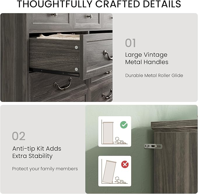 DICTAC Farmhouse 9 Drawers Dresser for Bedroom, Wide Dressers Chest of Drawers, Large Storage Closet Organizer with Natural Texture and Vintage Metal Handle, Wooden Dresser TV Stand for Living Room