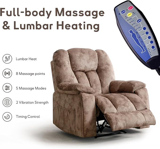 Phoenix Home Manual Recliner Chair for Adults with Massage and Heat, Overstuffed Fabric Reclining Chair, Oversized Recliners with 2 Cup Holders and Side Pockets for Living Room, Bedroom, Brown