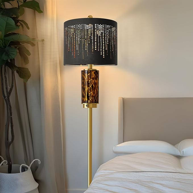Oneach 63.75" Floor Lamp for Living Room, Modern Gold Lamp with LED Leopard Glass Night Light, Vintage Standing Lamp, Black Lampshade, Unique Luxury Tall Lamp for Bedroom Home Office(Bulb Included)