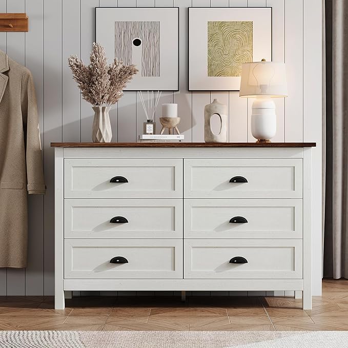 Farmhouse White Dresser for Bedroom, Modern 6 Drawer Double Dresser for Bedroom with Vintage Black Handle, Wide Wood Dressers & Chests of Drawers, 6 Drawer Dressers for Hallway, Antique White