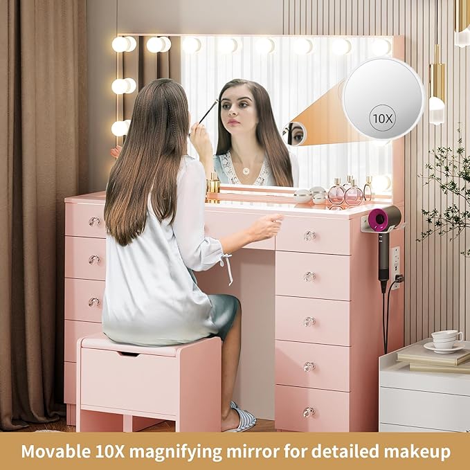 VOWNER Vanity with Lighted Mirror - Glass Top Makeup Vanity Desk with Lights and 11 Drawers, 3 Color Lighting Modes Adjustable Brightness, 46" Makeup Desk with Soft Cushioned Stool for Bedroom, Pink